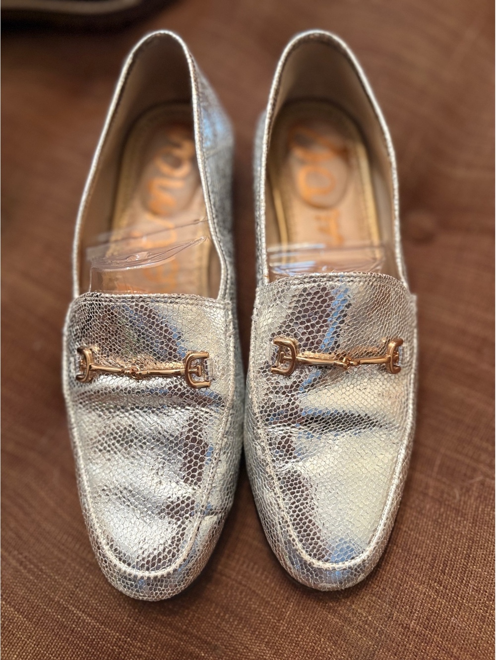 Sam Edelman Silver Leather Alligator Texture Driving Loafers with Gold Bits 6.5M